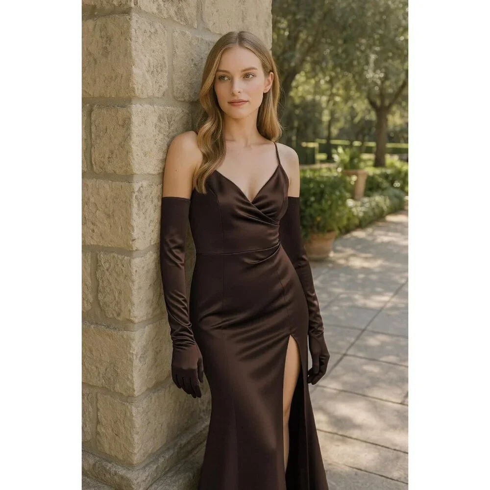 Women's Long Satin Gloves Dark Brown Stretchy Upper Arm Length Costume Design